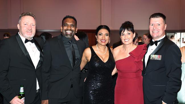 Bernie Westley, Meglin Rathnasamy, Pam Rathnasamy, Aleesha Fleming and Tony Fleming attend the Cairns RSL sub branch annual Thank You For Your Service gala dinner, held at the Pullman International hotel. Picture: Brendan Radke