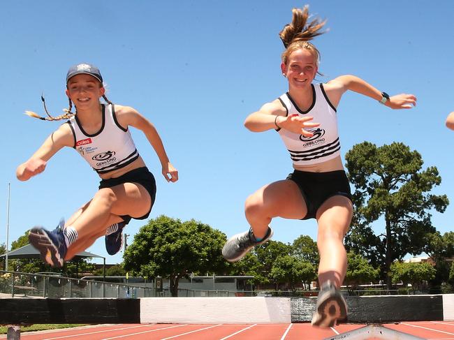 Senator Sarah Henderson and Geelong Mayor Stephanie Asher celebrate funding announcement with Geelong Little Aths reps Esther Harrisson (OK), Teagan Zulawel and Luke Visser. Picture: Alison Wynd