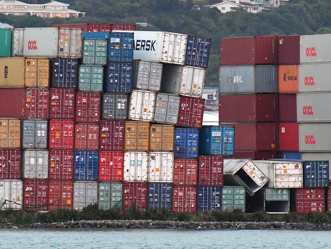 Stacked containers on angles at Centre Port, Wellington after a 7.5 earthquake based around Cheviot in the South island rocked the capital. Picture: AAP