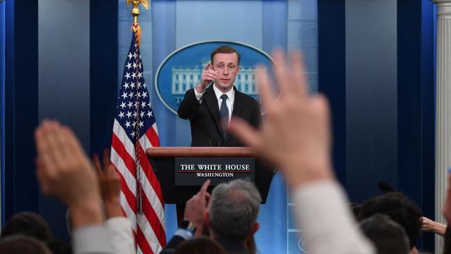 US National Security Adviser Jake Sullivan takes questions during a briefing in the White House.