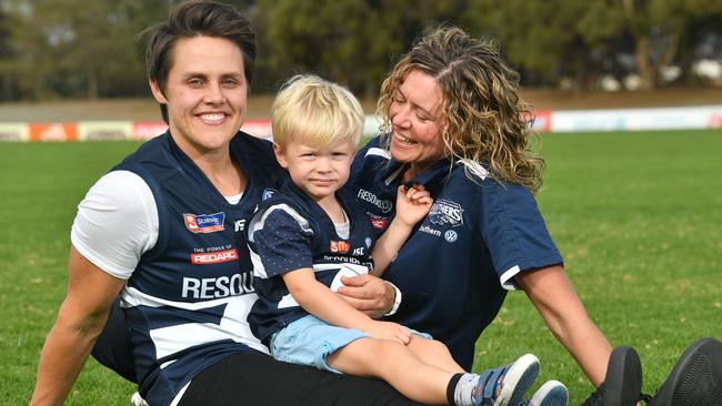 (From L-R) Courtney Gum and Krissie Steen pictured last year with their son Buz after helping South Adelaide to the 2018 SANFLW grand final. Picture: AAP/ Keryn Stevens