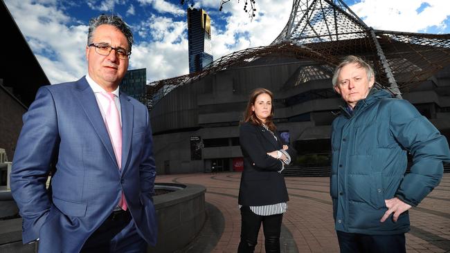 Victorian Chamber of Commerce and Industry chief Paul Guerra, events organiser TJ Carroll, and Save Victorian Events founder Simon Thewlis. Picture: Rebecca Michael