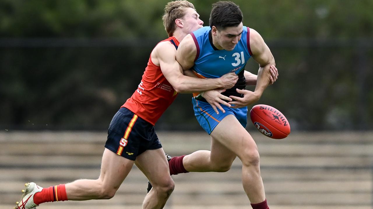 Anders McShane tackles the Allies’ Thomas Beaumont while representing South Australia at this year’s AFL under-18 national championships. Picture: Mark Brake/AFL Photos/via Getty Images