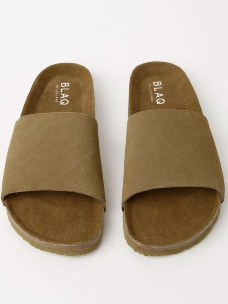 Blaq Nico Slides in Taupe Suede. Picture: Myer