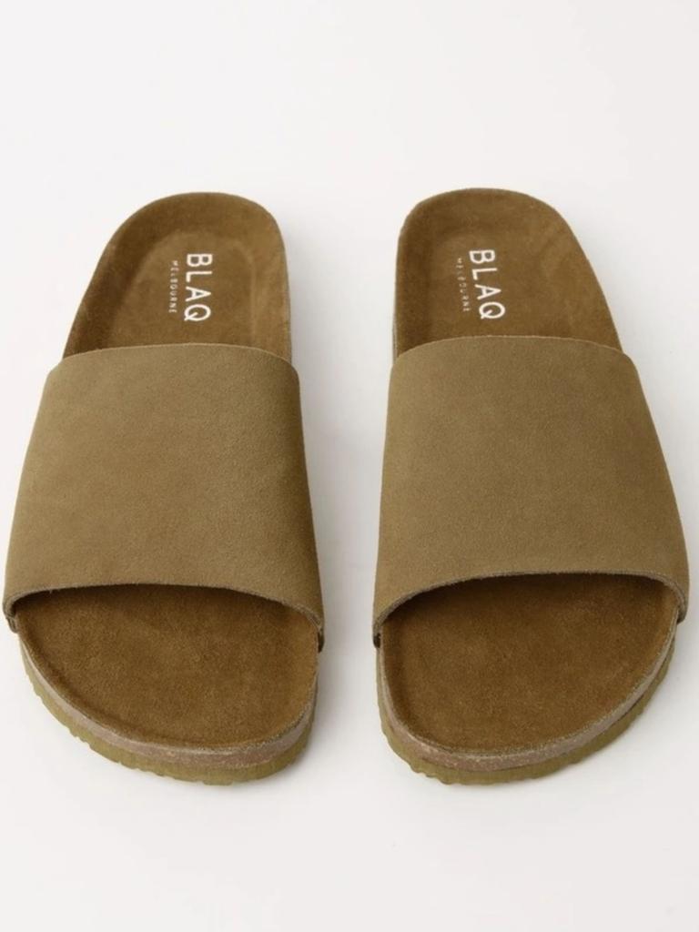 Blaq Nico Slides in Taupe Suede. Picture: Myer