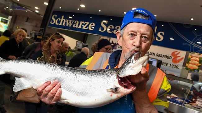 Dandenong Market third generation fishmonger Dennis Schwarze says whole fish will be in demand for Good Friday. Picture: Penny Stephens