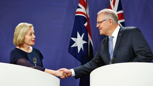 Ita Buttrose with Prime Minister Scott Morrison at the announcement of her as chair of the ABC in February. (Picture: Supplied)