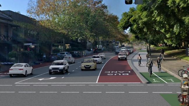 Artist impressions of the Oxford St East Cycleway showing parking in bus lanes, permitted during off-peak periods and weekends (subject to change). Picture: TfNSW.