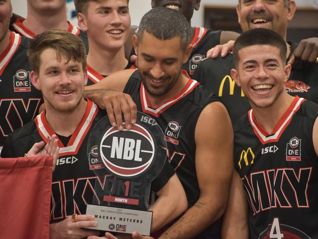 Hayden Wicks, Chris Cedar and Freddy Webb after the NBL1 North grand final between Mackay Meteors and Cairns Marlins, September 11, 2021. Picture: Matthew Forrest