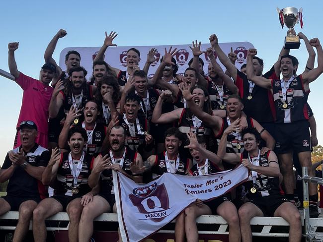 The North Mackay Saints men celebrating their 2023 success. Picture: Supplied.