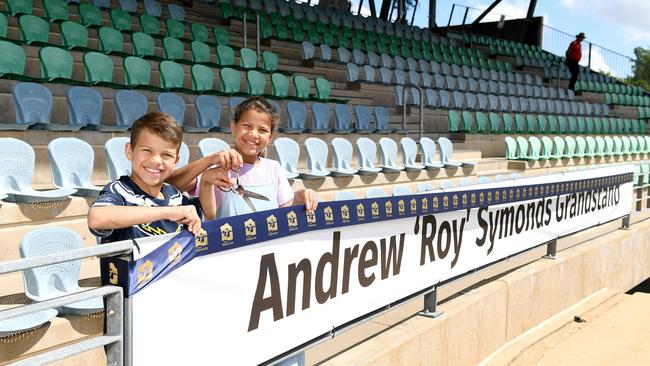 Best of 2022. Andrew Roy Symonds' children Will Symonds, 8, and Chloe Symonds, 10, unveil the newly-renamed Andrew Roy Symonds Grandstand at Riverway Stadium. Picture: Shae Beplate.