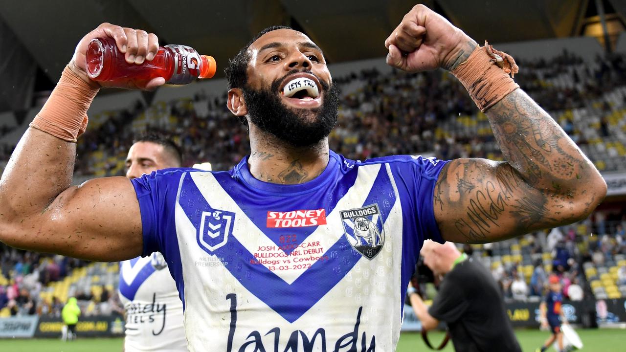 Josh Addo-Carr celebrates the Bulldogs’ victory against the Cowboys in Townsville on Sunday night. Picture: NRL Photos
