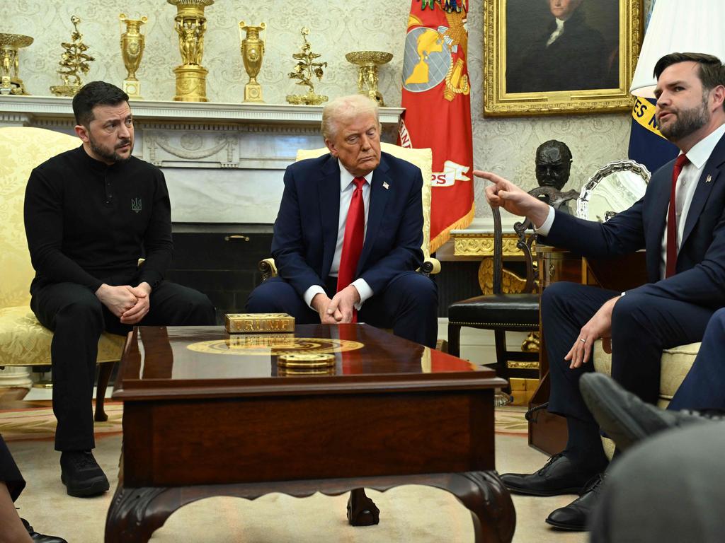 US President Donald Trump and Ukraine's President Volodymyr Zelensky listen to Vice President JD Vance (R)as they meet in the Oval Office of the White House in Washington, DC, February 28, 2025. Zelensky on February 28 told Trump there should be "no compromises" with Russian President Vladimir Putin as the parties negotiate to end the war after Moscow's invasion. (Photo by SAUL LOEB / AFP)