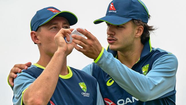 Australia's Sam Konstas, right, and Marnus Labuschagne at a practice session at the Galle International Cricket Stadium ahead of the first Test. (Photo by Ishara S. KODIKARA / AFP)