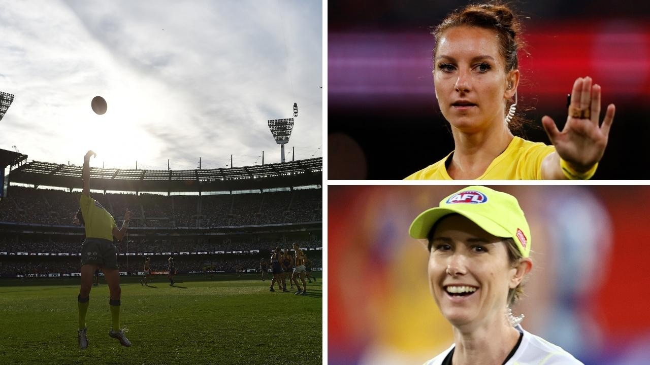 Eleni Glouftsis and Chelsea Roffey are the AFL's highest profile female umpires. Photo: Michael Klein News Corp Australia, Julian Smith AAP and Dylan Burns AFL Photos via Getty.