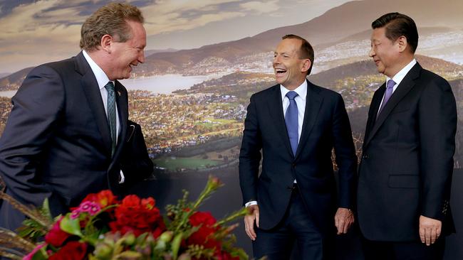 Businessman Andrew “Twiggy” Forrest, left, Prime Minister Tony Abbott and Chinese President his Excellency Mr Xi Jinping in the conservatory at Government House