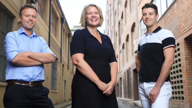 Editor-in-chief of news.com.au Lisa Muxworthy with editor Oliver Murray (left) and managing director Richard Skimin. Picture: John Feder