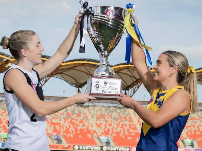 Southport captain Rianna Schipp and Bond Univeristy captain Courtney Sexton ahead of the 2024 QAFLW grand final. Picture: Cavan Flynn Bond Uni.