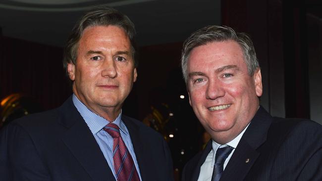 Collingwood’s current board has rejected a call from aspiring president Jeff Browne, pictured with former Magpies president Eddie McGuire, to stand aside.