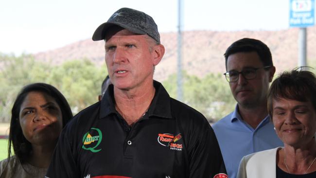 Redtail's Pinktail's Right Tracks program president Rob Clarke, NT Senator Jacinta Price, federal National Party leader David Littleproud, and CLP Lingiari candidate Lise Seibert at Traeger Park in Alice Springs. Picture: Gera Kazakov