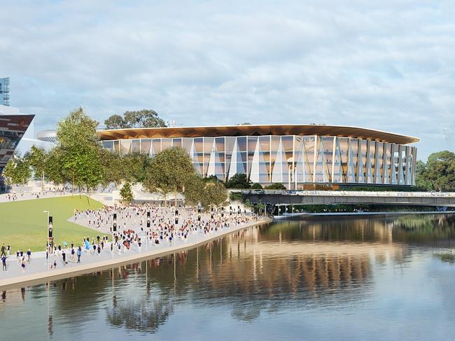 ***EMBARGOED TILL 1.15pm 19/3/21***, Renders of Adelaide centre stage for sport, entertainment and conventions as new world-class Arena announced for Riverbank. A re-elected Marshall Liberal Government will build a new 15,000-person multipurpose indoor arena, in the Adelaide Riverbank precinct. The new arena proposal has been developed by the Adelaide Venue Management Corporation and, has undergone preliminary assessment by Infrastructure South Australia., Announced today by Premier Steven Marshall, the arena is to be built immediately west of the, Morphett Street Bridge and will cost approximately $700 million. Final costs will be released later in, 2021 after further consultation and technical work. Picture: Supplied