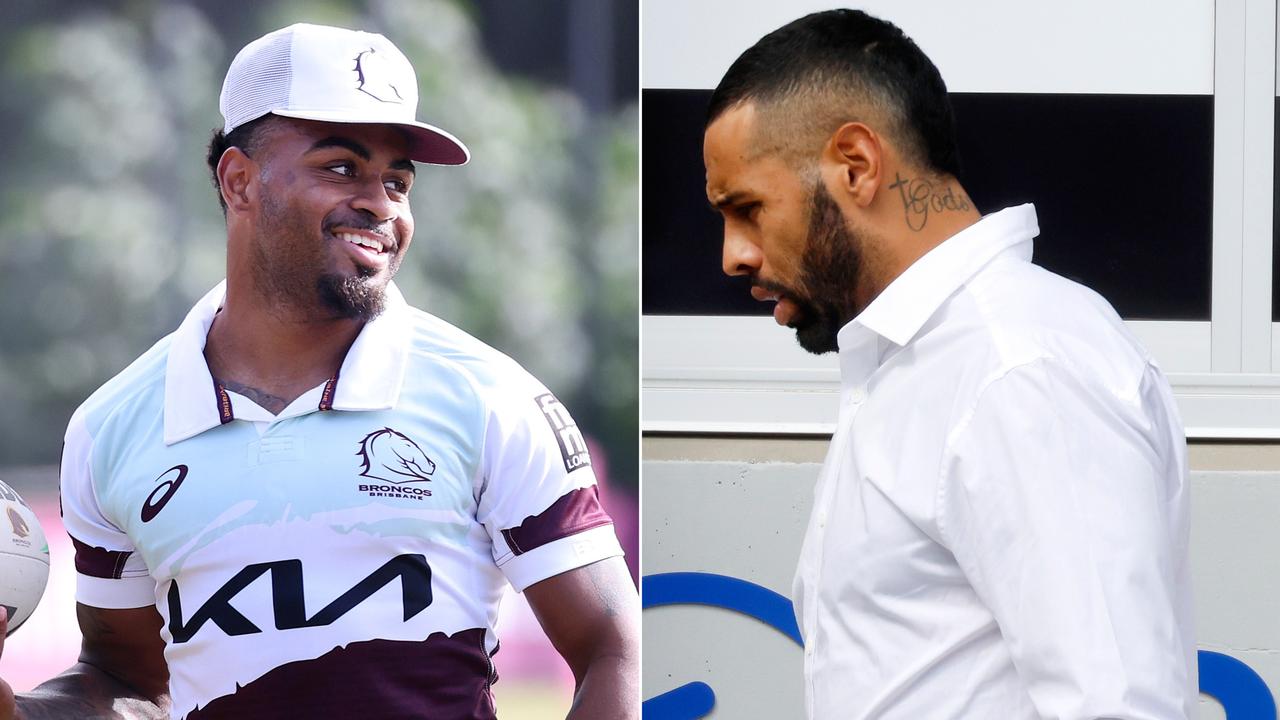 (L-R) Ezra Mam of the Broncos and former Bulldog Josh Addo-Carr.