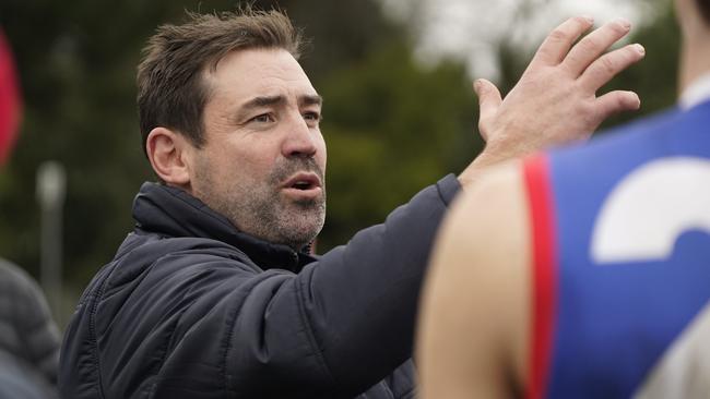 EFL Premier Division football 2022: South Croydon v Rowville at Cheong Park. South Croydon coach addressing players. Picture: Valeriu Campan