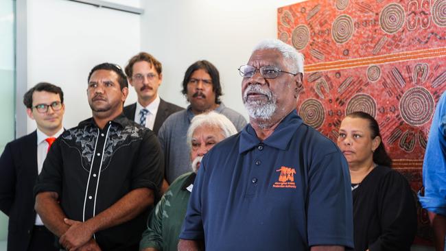 Aboriginal Areas Protection Authority chair Bobby Nunggumajbarr celebrates after the High Court ruling over alleged damage by the Director of National Parks to a sacred site at Gunlom Falls, in Kakadu National Park. Picture: Zizi Averill