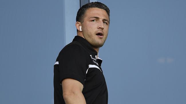 Sam Burgess watches on before the start of the round 14 NRL match between South Sydney and North Queensland in Townsville earlier this year. Picture: Ian Hitchcock/Getty Images