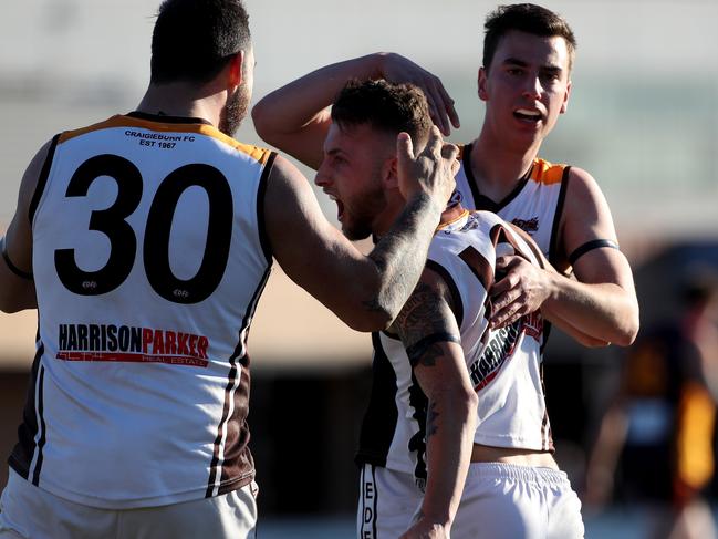 Nathan Perrone celebrates a late goal in Craigieburn’s win at Windy Hill. Picture: Mark Dadswell