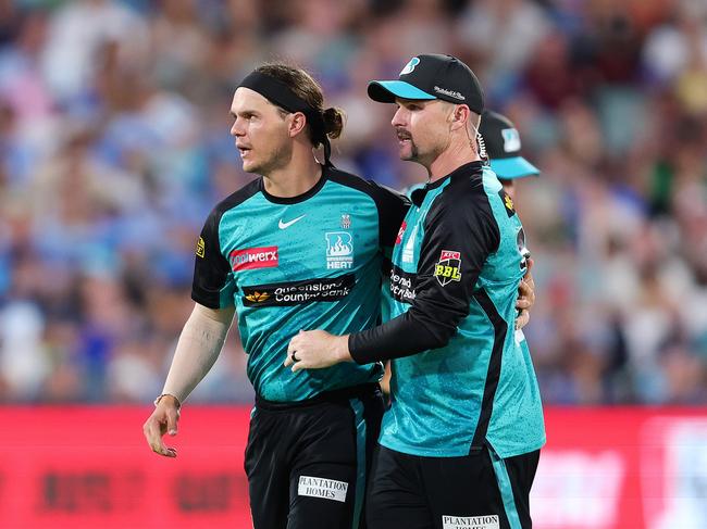 Mitch Swepson (left) celebrates a wicket with Colin Munro. Picture: Getty Images