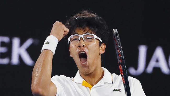 Australian Open Tennis 2018 - Day 8. Novak Djokovic vs Hyeon Chung.   Hyeon Chung celebrates after holding serve and taking a 6-5 lead in the 3rd set     .Pic: Michael Klein