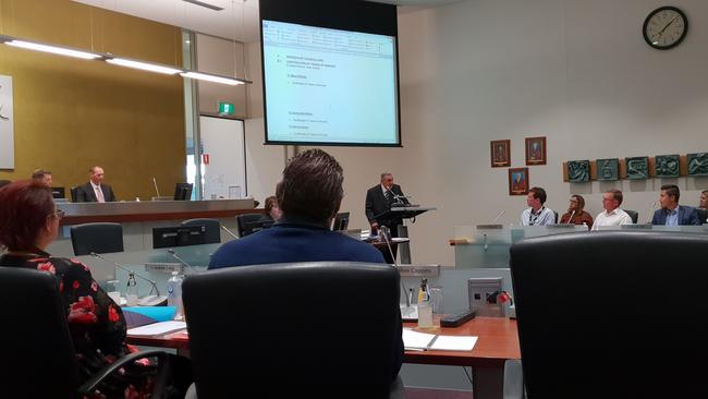 Playford Council’s first meeting after Mal Hemmerling was sacked as chief executive is addressed by long-term former councillor Max O’Rielley. Picture: COLIN JAMES