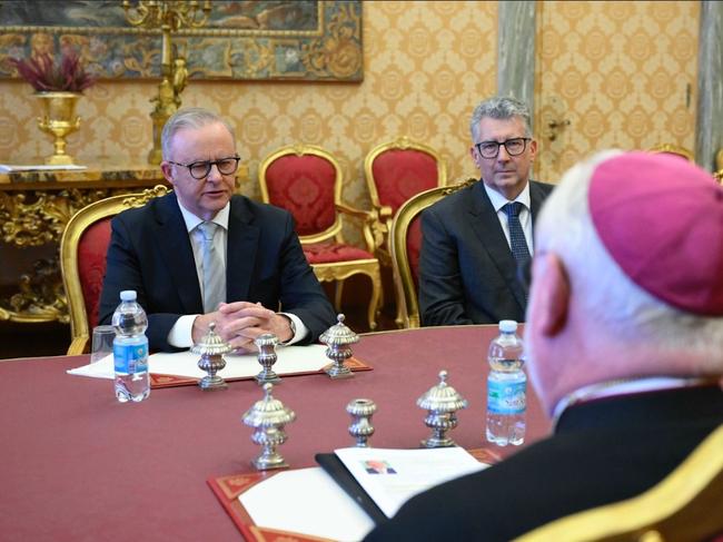 Prime Minister Anthony Albanese and Australia's ambassador to the Holy See Keith Pitt meet with Archbishop Paul Gallagher (Secretary for Relations with States and International Organisations) in the Apostolic Palace in Vatican City. Picture: Vatican Media