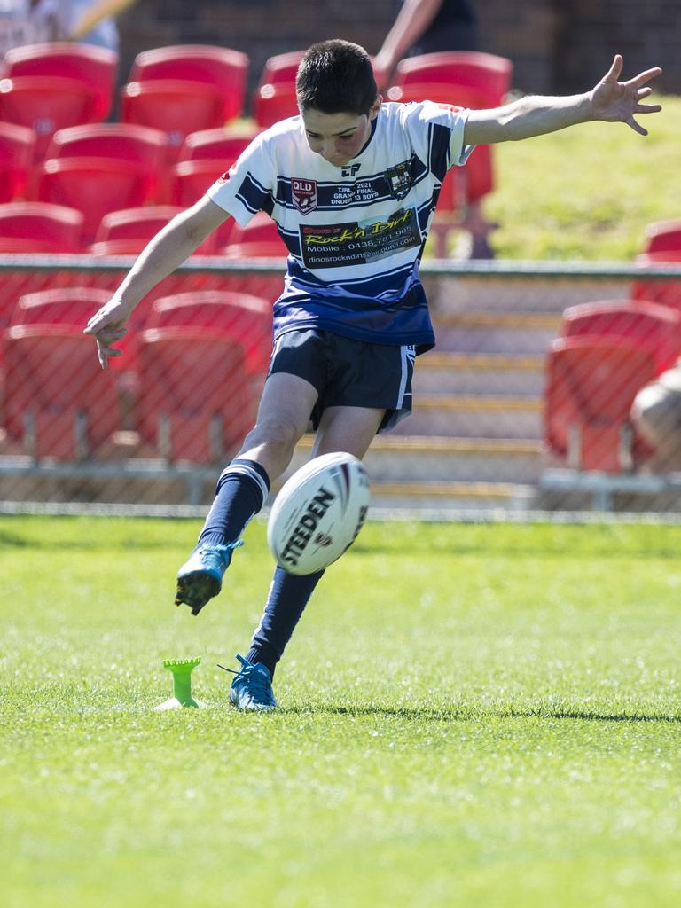 Kaden Hohn attempts a conversion for Brothers against Valleys in under-13 boys Toowoomba Junior Rugby League grand final at Clive Berghofer Stadium, Saturday, September 11, 2021. Picture: Kevin Farmer