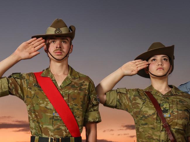HOLD FOR NETWORK ANZAC DAY.Navy, Air Force and Army cadets at sunset for ANZAC Day feature.Navy CadetsAble Seaman Christian GorgioskiAble Seaman Angela Wu  Army CadetsCDTWO2 Toby DabelsteinCDTWO1 Juliana PargaAirforce CadetsCUO Abigael DonoghueCUO Gurteg SinghPicture: David Caird