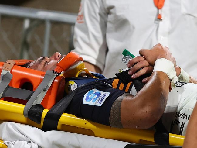 PERTH, AUSTRALIA - MAY 10: Noah Lolesio of the Brumbies is stretchered from the field during the round 13 Super Rugby Pacific match between the Western Force and ACT Brumbies at HBF Park, on May 10, 2025, in Perth, Australia. (Photo by Paul Kane/Getty Images)