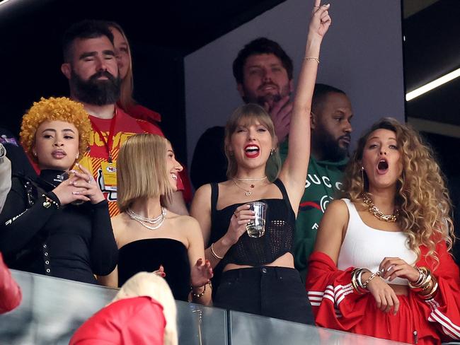 Taylor Swift watched boyfriend Travis Kelce at the Super Bowl in Las Vegas with her celebrity friends: rapper Ice Spice and actress Blake Lively. Picture: Getty Images