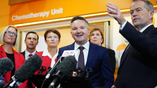 Shadow Treasurer Chris Bowen with Mr Shorten at the St John of God Midland Public hospital in Perth to announce a ‘Right to Trial’ program for blood cancer patients to access clinical trial drugs and therapies if elected. Picture: Getty