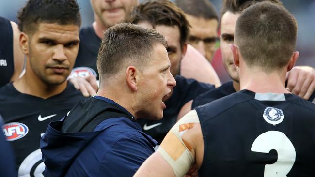 Brendon Bolton sprayed his players at three-quarter time. Picture: Michael Klein