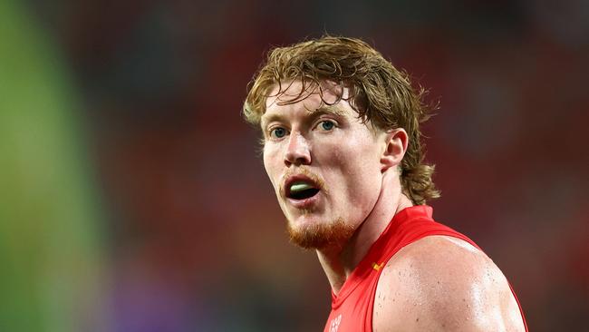 GOLD COAST, AUSTRALIA - MARCH 16: Matt Rowell of the Suns looks on during the round one AFL match between Gold Coast Suns and Adelaide Crows at People First Stadium, on March 16, 2024, in Gold Coast, Australia. (Photo by Chris Hyde/Getty Images)