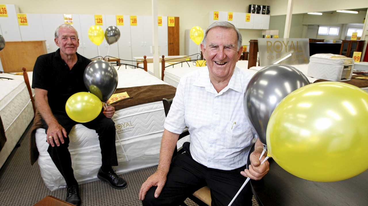 Ron Rohan and Tom Edwards at the opening of Tom&#39;s Clearance Centre in 2011. Picture: Claudia Baxter