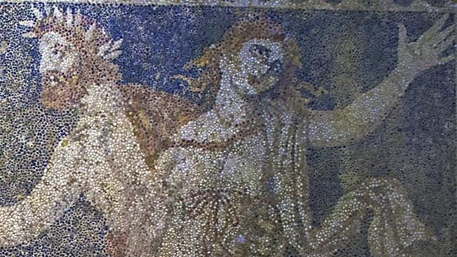 This picture provided by Greece's Culture Ministry on Thursday, Oct. 16, 2014, shows the ancient Greek god of the underworld, Pluto, abducting the goddess Persephone on a horse-drawn chariot, in a detail from a large composition on a mosaic floor found in a large 4th century B.C. tomb at Amphipolis in northern Greece. The ministry said Thursday that archaeologists excavating the large, apparently plundered tomb have uncovered the entire 3-by-4.5 meter (10-by-15 ft.) mosaic, which is fringed with a geometric pattern. The excavation is continuing, with archaeologists hoping to locate the remains of a senior ancient official linked with the warrior-king Alexander the Great _ who was buried in Egypt. (AP Photo/Greek Culture Ministry)