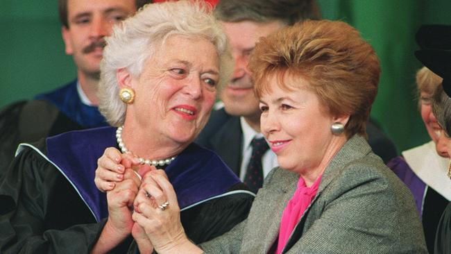 Raisa Gorbachev, right, wife of Soviet President Mikhail Gorbachev, with Barbara Bush at the Wellesley graduation ceremony in 1990.