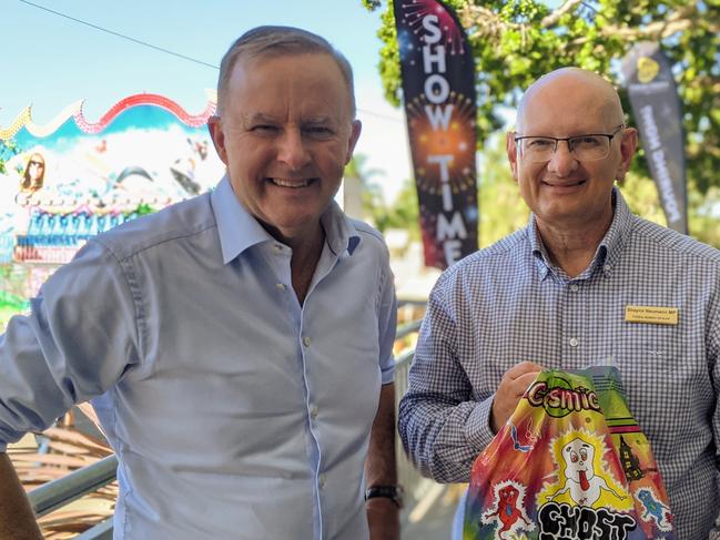 Australian Labor Party leader Anthony Albanese and Federal Member for Blair Shayne Neumann talk showbags at the Ipswich Show, 2021. Photo: Ebony Graveur