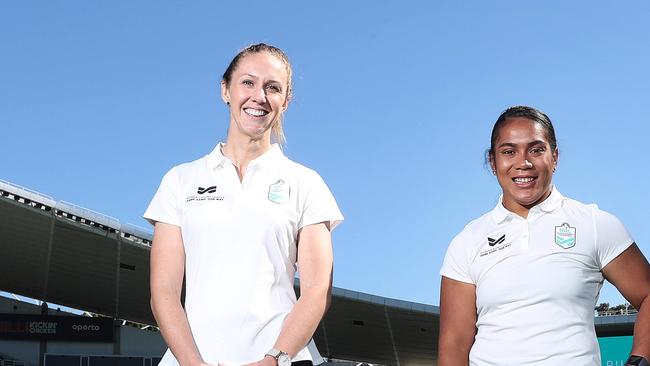 Karina Brown with Simaima Taufa at the launch of the NRL Women’s competition. Picture: Brett Costello