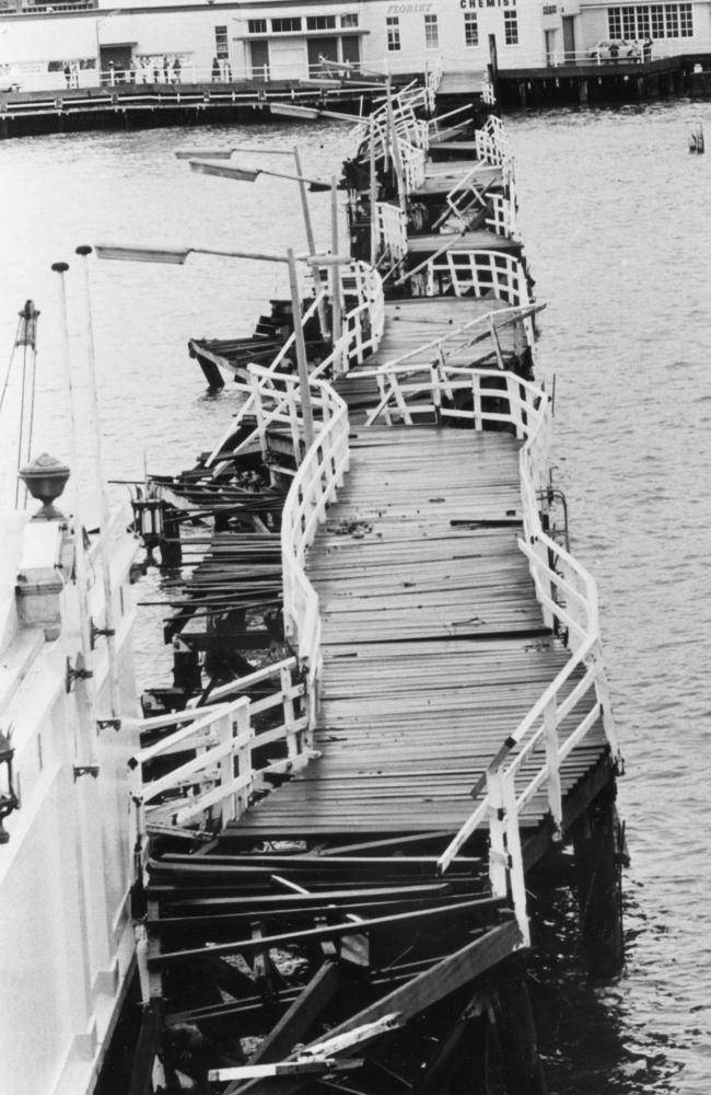 The buckled Manly harbour boardwalk after the 1974 storm. Picture: Manly Daily