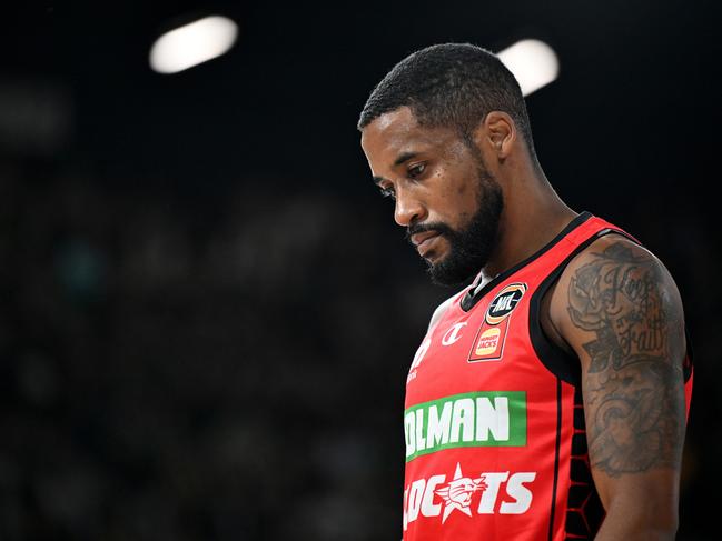 HOBART, AUSTRALIA - OCTOBER 06: Bryce Cotton of the Wildcats looks dejected during the round three NBL match between Tasmania Jackjumpers and Perth Wildcats at MyState Bank Arena, on October 06, 2024, in Hobart, Australia. (Photo by Steve Bell/Getty Images)