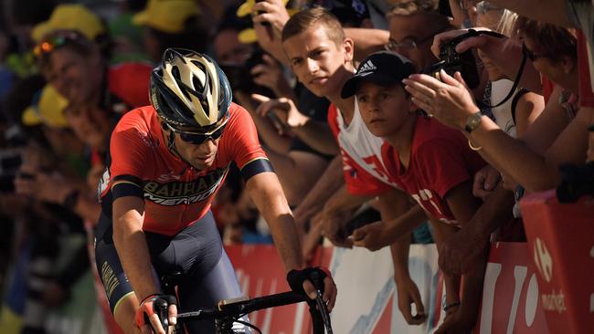 Italy's Vincenzo Nibali suffered fractured vertebrae after his handlebars became entwined with a camera strap of an on-rushing spectator. / AFP PHOTO / Marco BERTORELLO