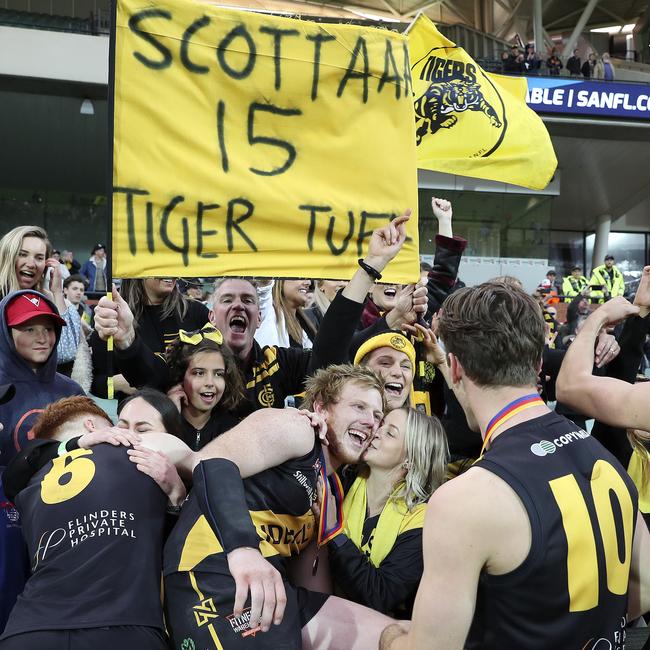 Josh Scott celebrates with the Tigers fans. Picture: Sarah Reed